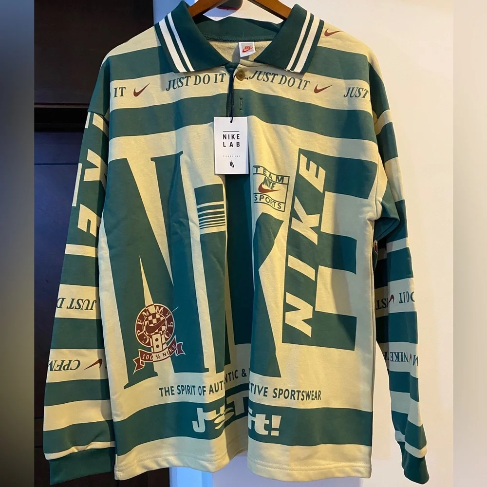 Nike Green and Cream Graphic Rugby Long-Sleeve Polo